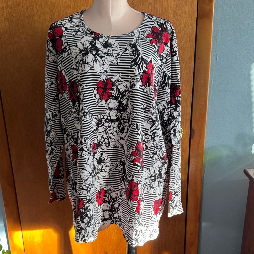 CJ Banks Red and Black Floral Striped Long Sleeve Top